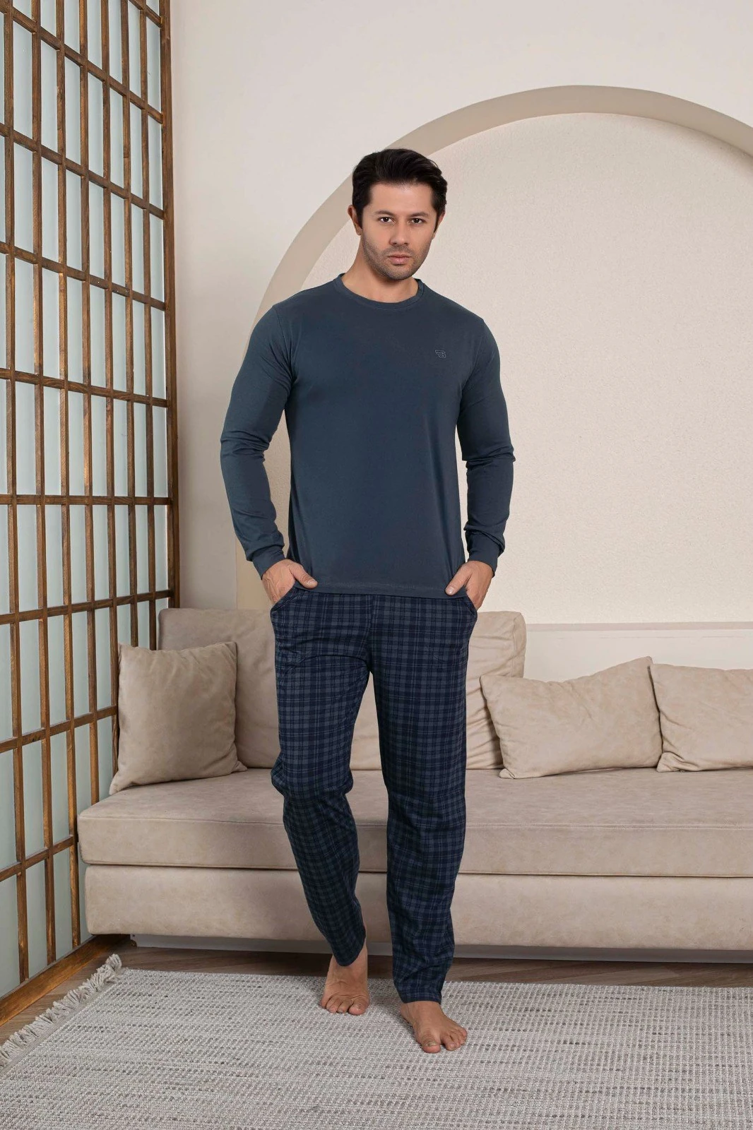 Erkek Bisiklet Yaka Düğmesiz Ekose Desen Modal Mevsimlik Uzun Kol Manşetli Cepli Pijama Takımı