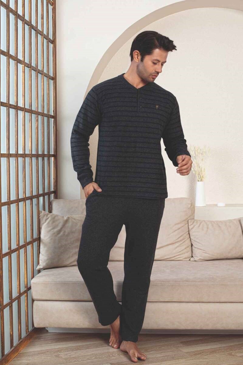 Erkek 3 Düğme Çizgili Kışlık Pamuklu Selanik Kumaş Uzun Manşetli Kol Cepli Pijama Takımı 