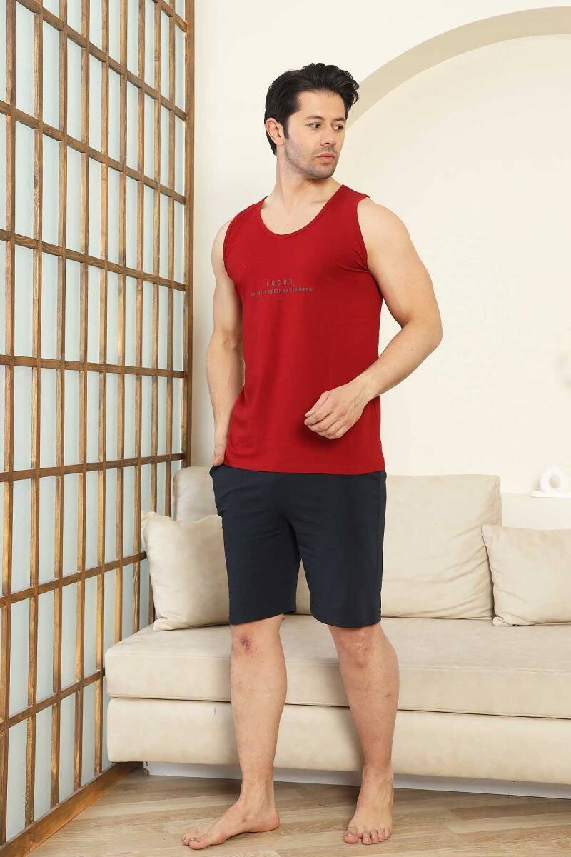 Erkek Bisiklet Yaka Düğmesiz %100 Pamuk Atlet Sporcu Kol Cepli Şortlu Pijama Takımı