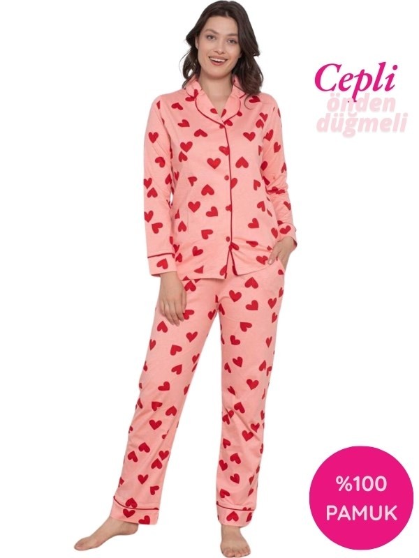 Kadın Kalp Desen Gömlek Yaka %100 Pamuk Mevsimlik Uzun Kol Cepli Pijama Takımı
