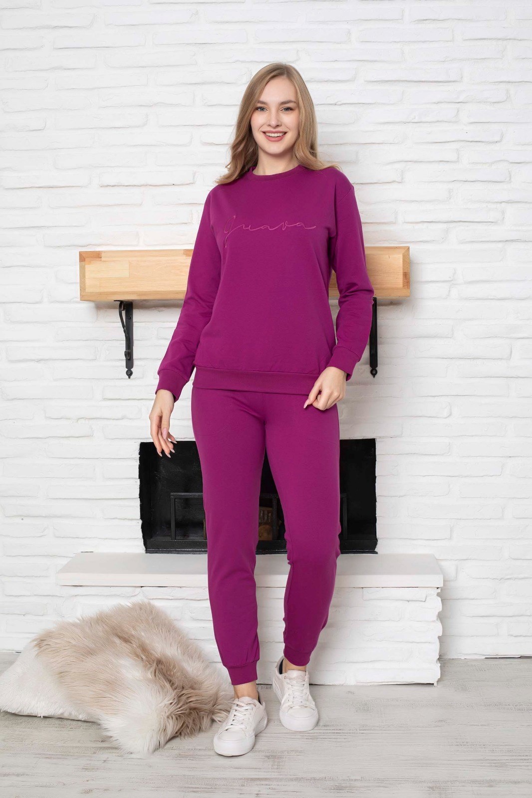 Kadın Bisiklet Yaka Düğmesiz Bilek Manşet/Lastikli 2 İplik Cepli Kışlık Jogger Eşofman Pijama Takımı