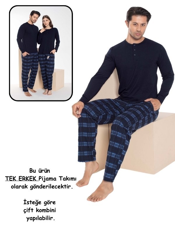 Çift Sevgili Eş Kombini Lacivert Mavi Ekose Desen Modal Uzun Kol Pijama Takımı-Tek Ürün Fiyatı-