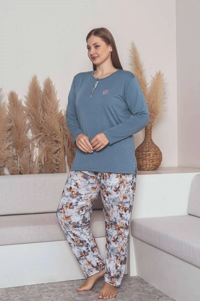 Kadın Çiçek Desen 3 Düğme Likralı Viskon Mevsimlik Büyük Beden Uzun Kol Pijama Takımı