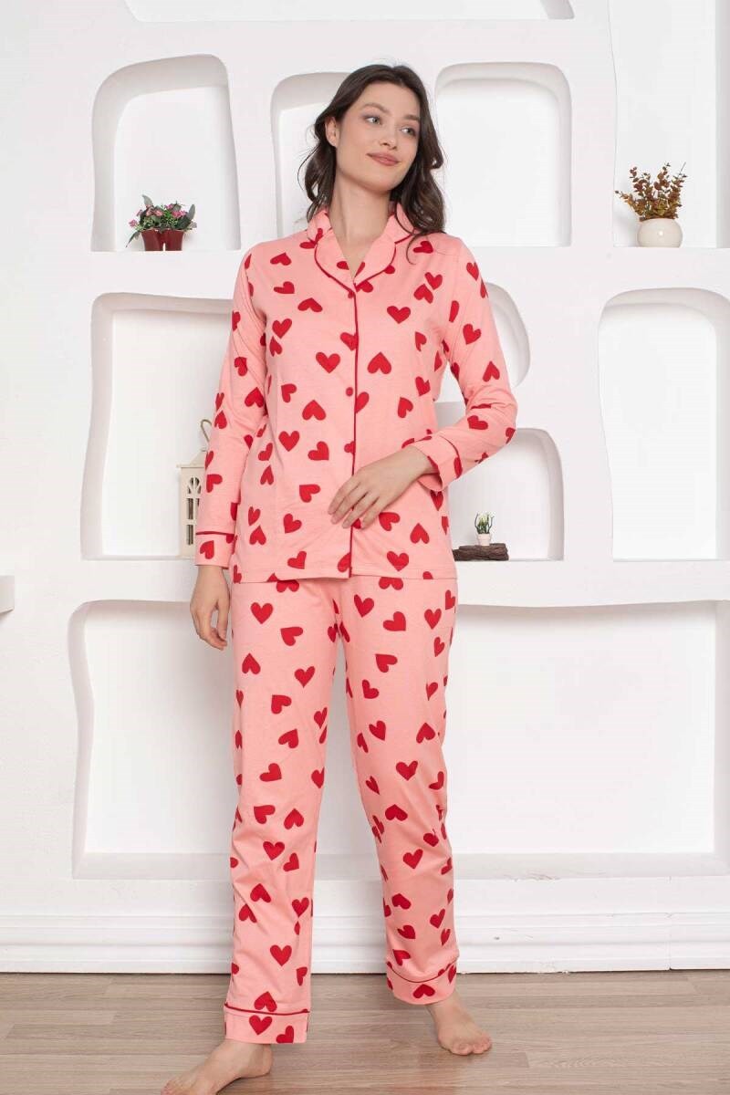 Kadın Kalp Desen Gömlek Yaka %100 Pamuk Mevsimlik Uzun Kol Cepli Pijama Takımı