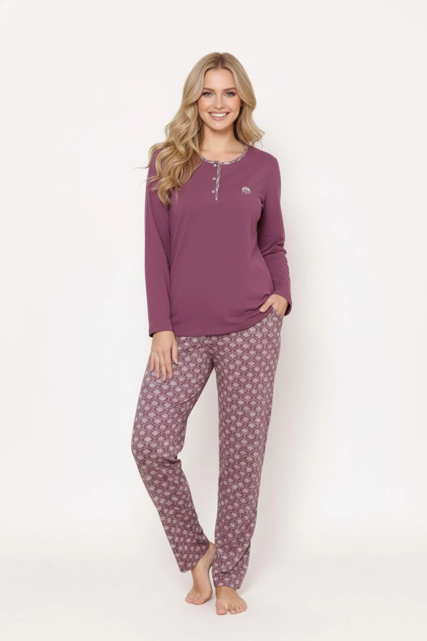 Kadın Etnik Desen 3 Düğme Pamuk Likra Mevsimlik Uzun Kol Pijama Takımı