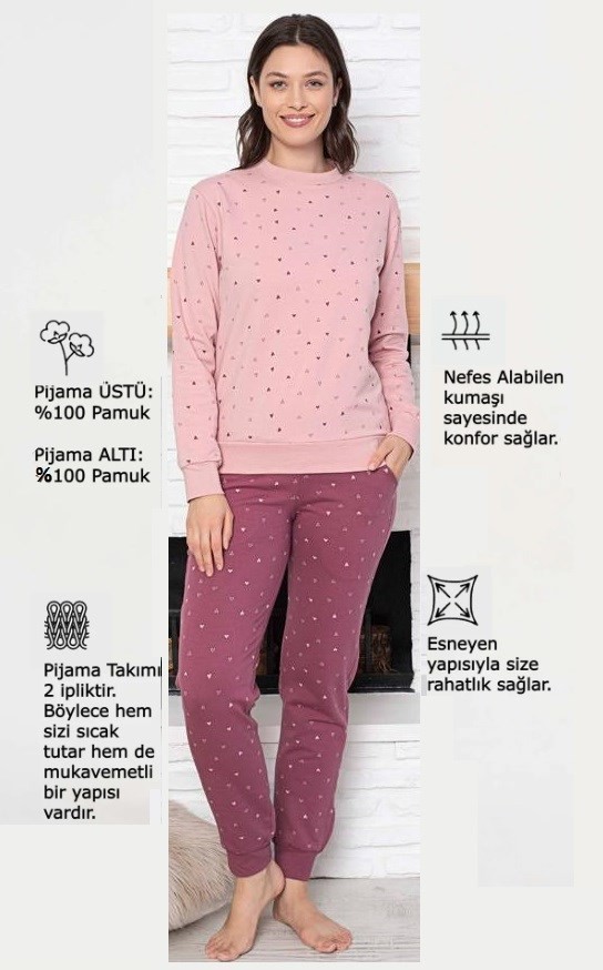 Kadın Bisiklet Yaka Bilek Manşet/Lastikli 2 İplik Cepli Joger Pijama Takımı Homewear