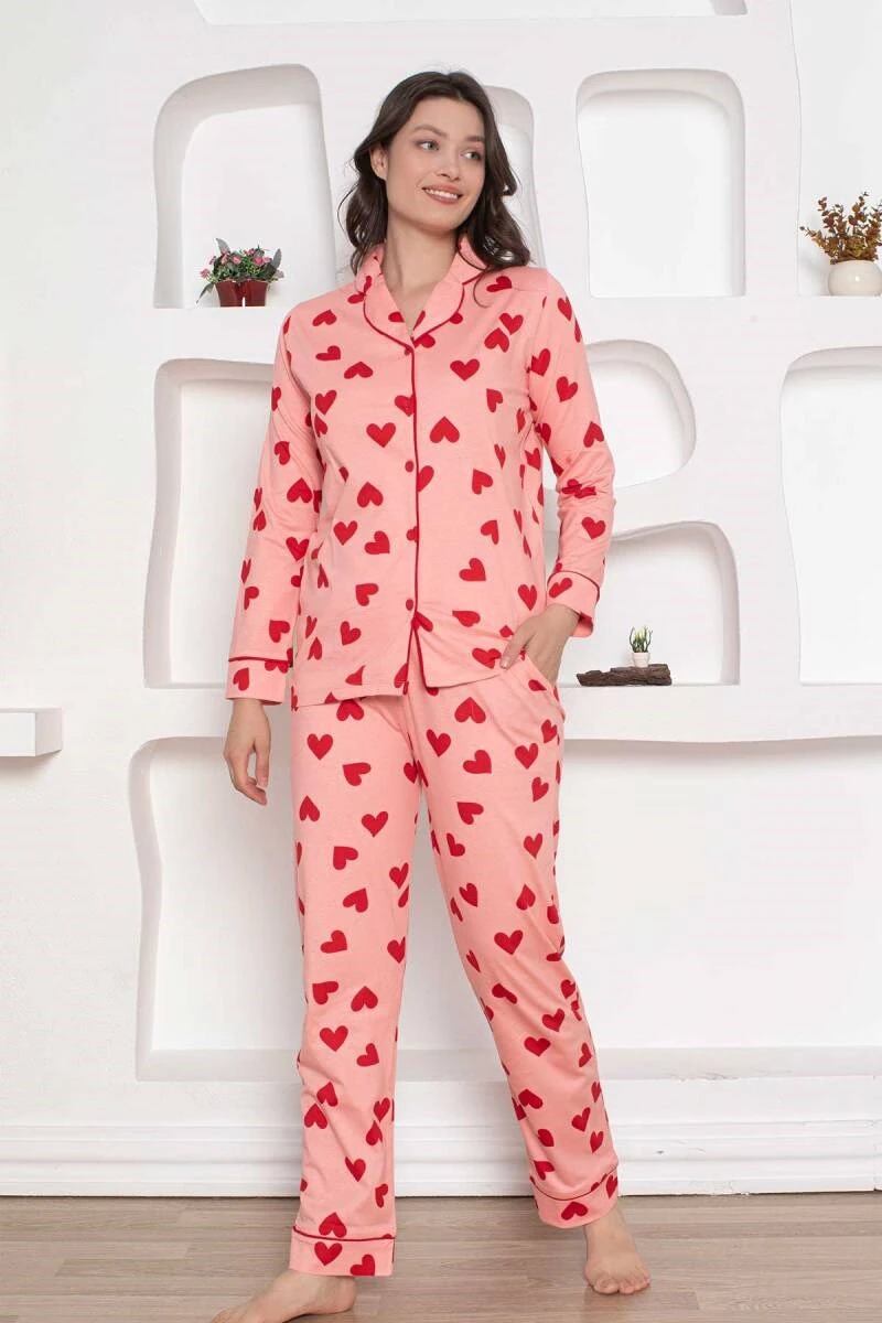 Kadın Kalp Desen Gömlek Yaka %100 Pamuk Mevsimlik Uzun Kol Cepli Pijama Takımı