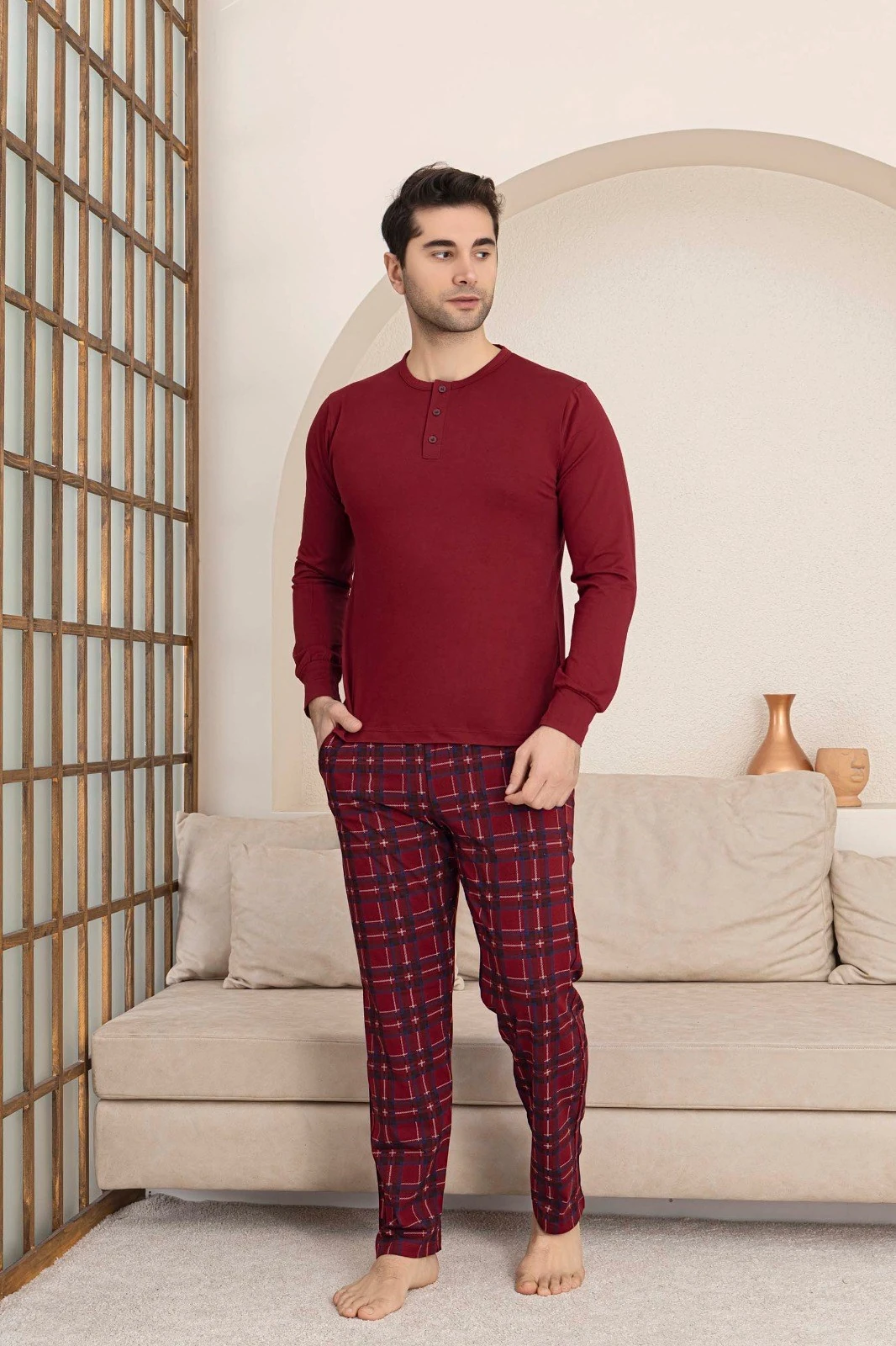 Erkek 3 Düğmeli Ekose Desen Pamuk Likra Mevsimlik Modal Uzun Kol Manşetli Cepli Pijama Takımı