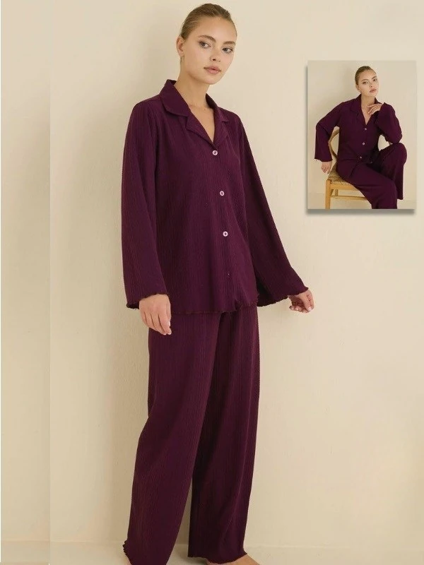 Kadın %100 Pamuk Bürümcük Kumaş Gömlek Yaka Uzun Kol Pijama Takımı-Oversize Salaş Kalıp Geniş Paça