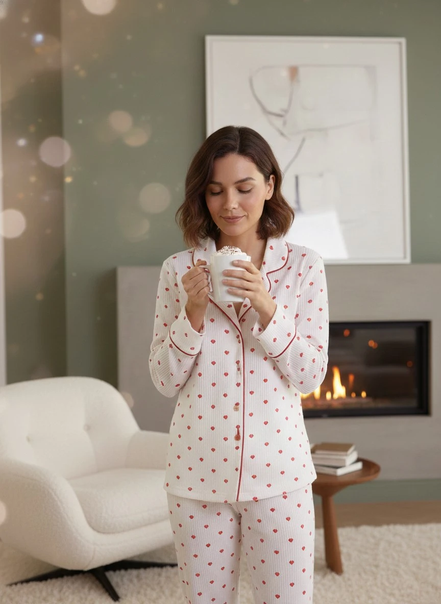 Kadın Beyaz Kırmızı Kalp Desen %100 Pamuk Fitilli Kumaş Mevsimlik Uzun Kol Cepli Pijama Takımı