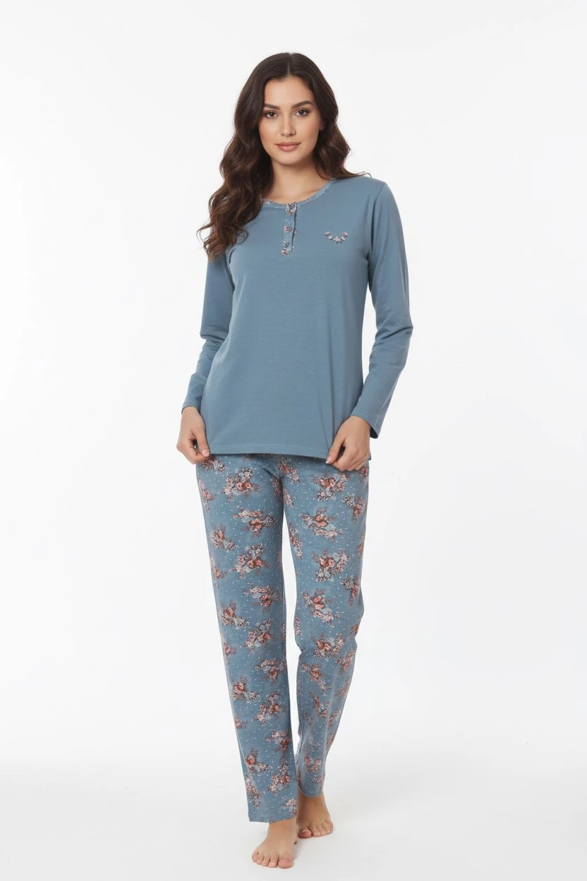 Kadın Çiçek Desen 3 Düğme Pamuk Likra Mevsimlik Uzun Kol Pijama Takımı