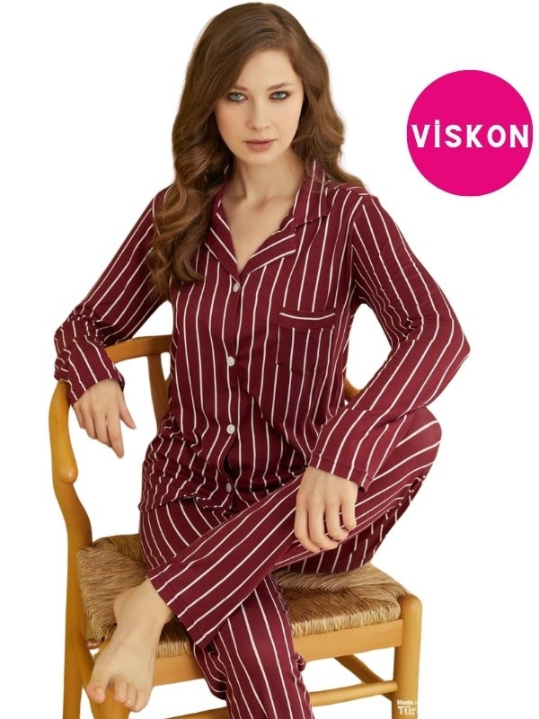 Kadın Viskon Önden Düğmeli Gömlek Yaka Göğüs Cepli Uzun Kol Mevsimlik Pijama Takımı