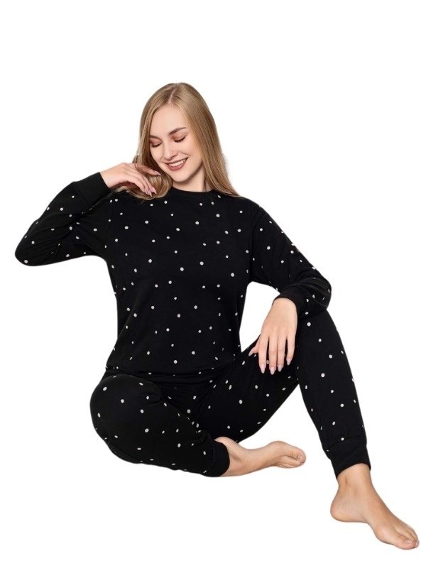 Siyah Beyaz Puantiye Bisiklet Yaka Bilek Manşet/Lastikli 2 İplik Cepli Kışlık Pijama Takımı Homewear