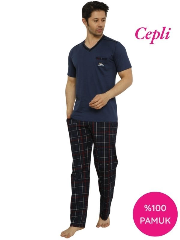 Erkek V Yaka Ekose Desen %100 Pamuk Kısa Kol Cepli Pijama Takımı