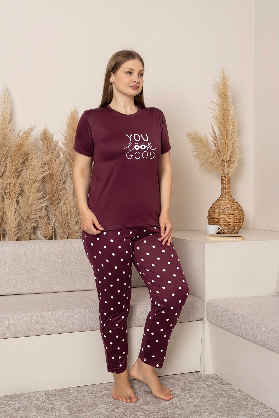 Kadın Bisiklet Yaka Düğmesiz Battal Kesim Yazlık Kısa Kol Büyük Beden Pijama Takımı