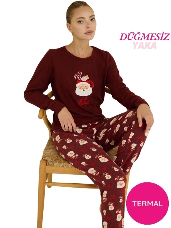 Kadın Bisiklet Yaka Düğmesiz Bilekler Lastikli/Jogger Yumuşak Termal Kışlık Pijama Takımı