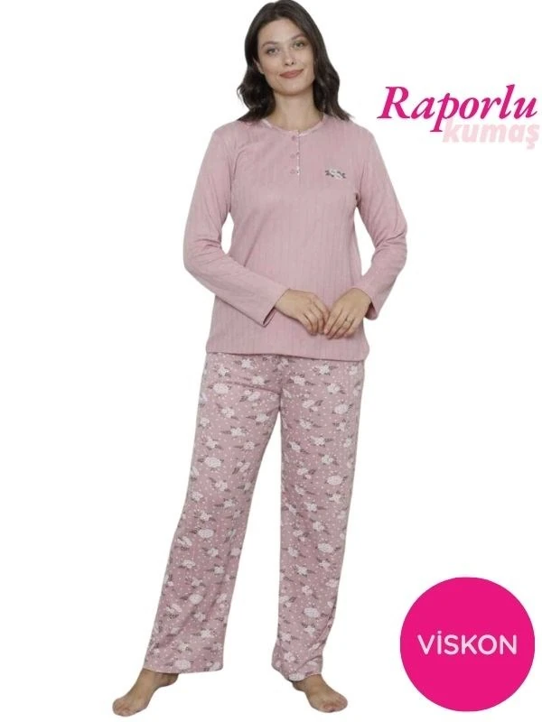 Kadın Çiçek Desen 3 Düğmeli Raporlu Kışlık Viskon Uzun Kol Pijama Takımı