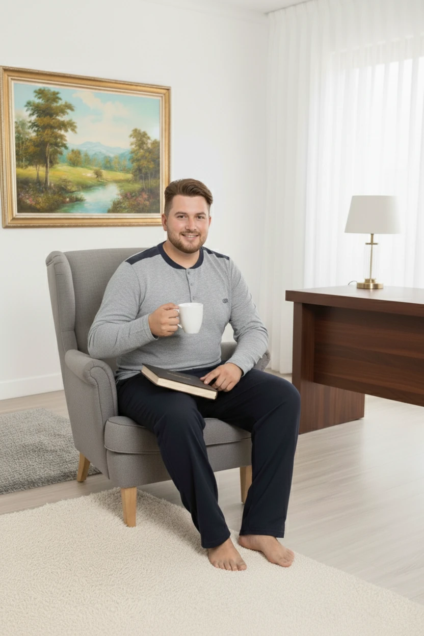 Erkek Büyük Beden 3 Düğme %100 Pamuk Cepli Mevsimlik Pijama Takımı