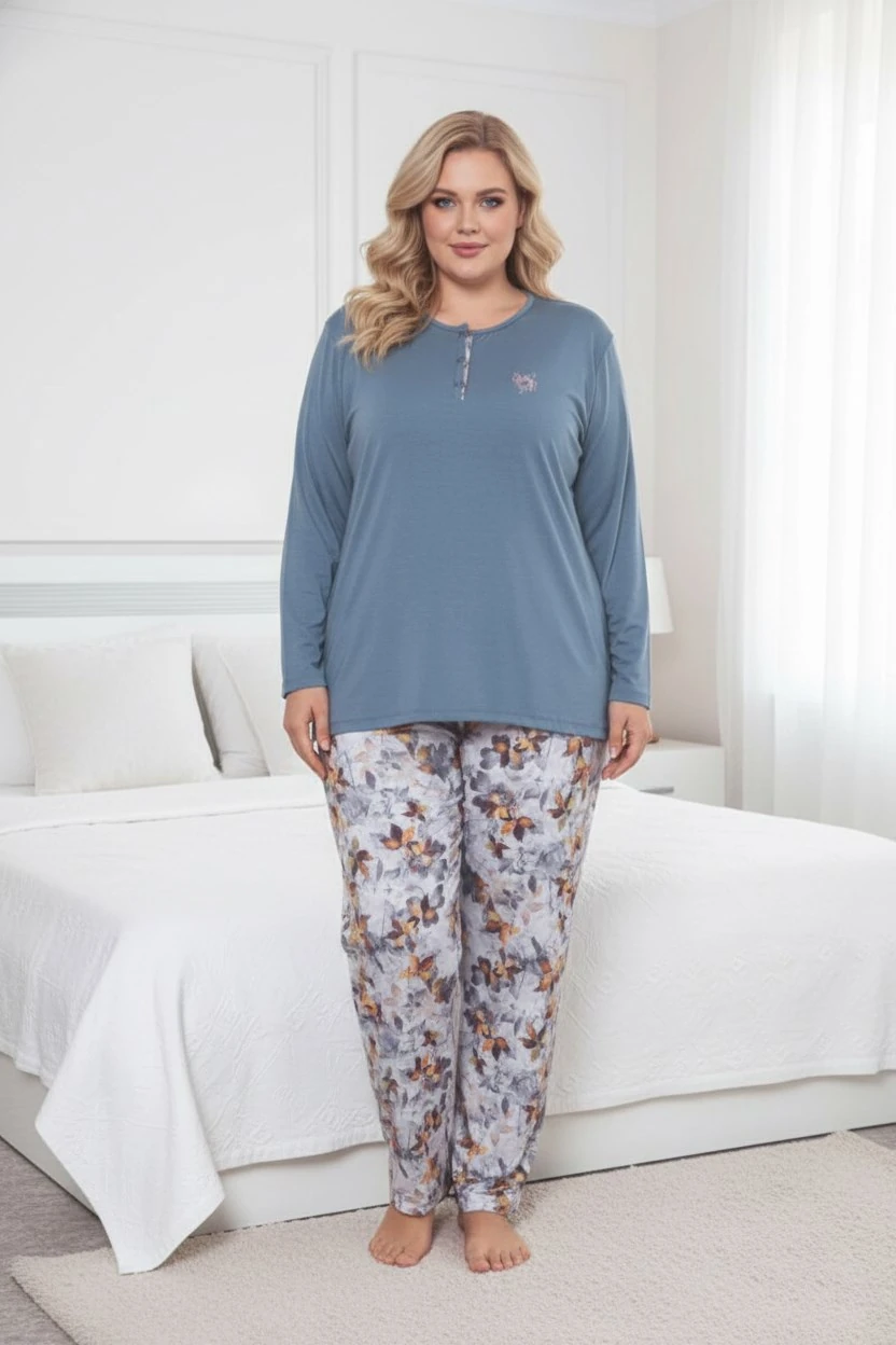 Kadın Çiçek Desen 3 Düğme Likralı Viskon Mevsimlik Büyük Beden Uzun Kol Pijama Takımı