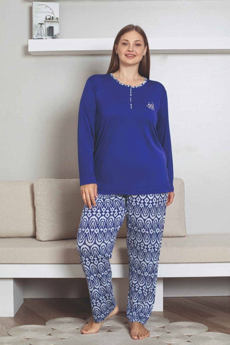 Kadın Etnik Desen 3 Düğmeli Likralı Viskon Mevsimlik Uzun Kol Pijama Takımı