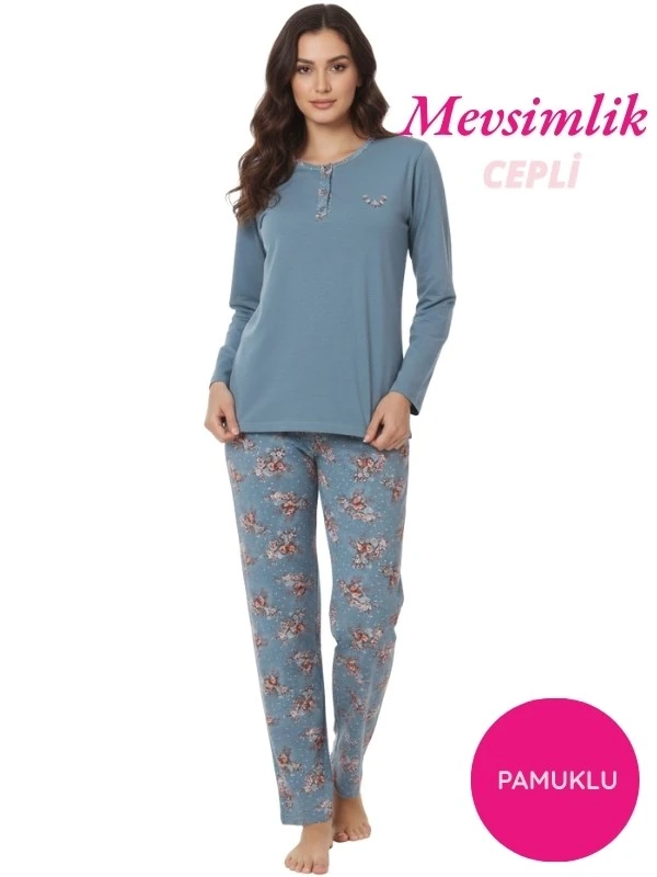 Kadın Çiçek Desen 3 Düğme Pamuk Likra Mevsimlik Uzun Kol Pijama Takımı