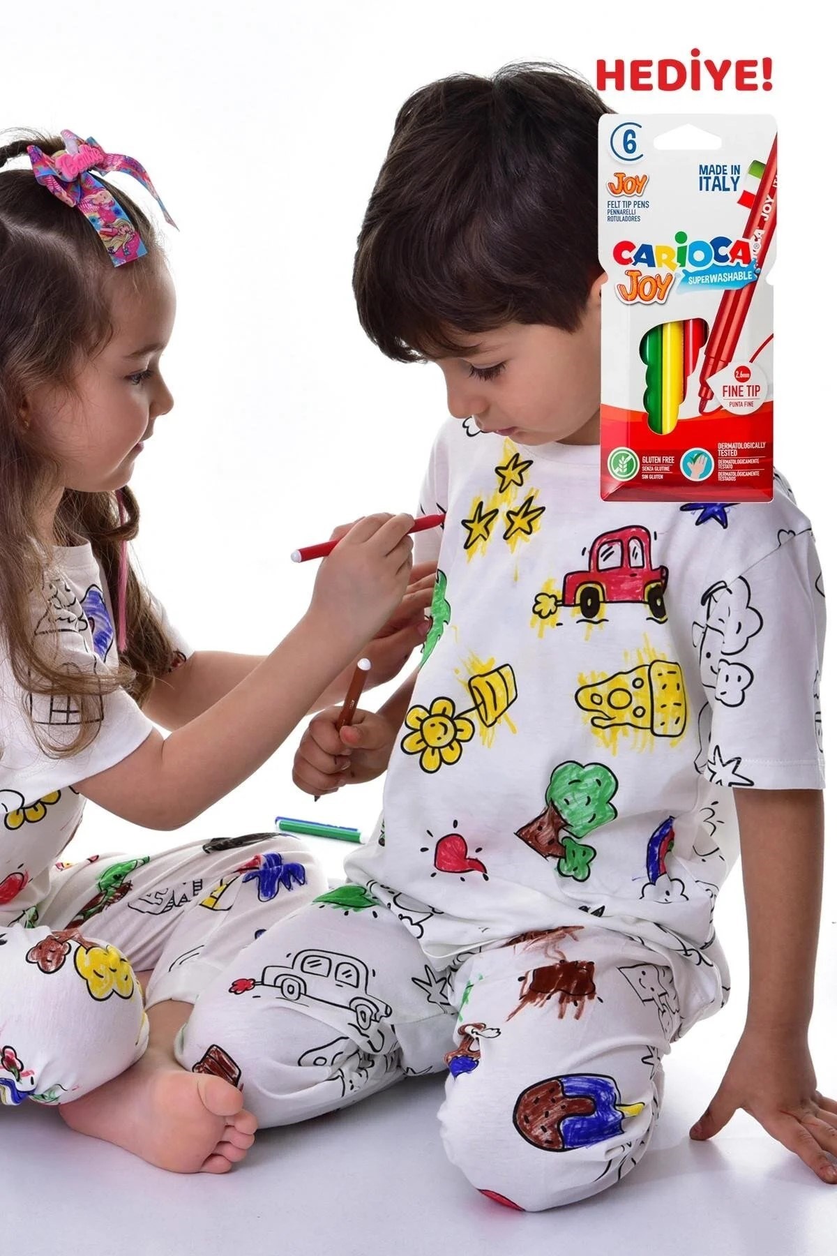 Kız Erkek Unisex Beyaz Desenli Bisiklet Yaka Bilek Manşetli Boyanabilir Kısa Kol Pijama Takımı (BOYA