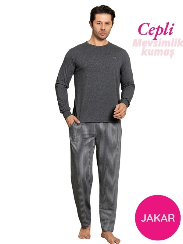 Erkek Düğmesiz Çizgili Jakar Kumaş Mevsimlik Kol Manşetli Uzun Kol Cepli Pijama Takımı