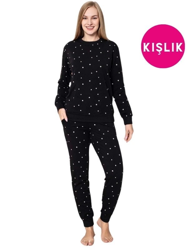 Siyah Beyaz Puantiye Bisiklet Yaka Bilek Manşet/Lastikli 2 İplik Cepli Kışlık Pijama Takımı Homewear