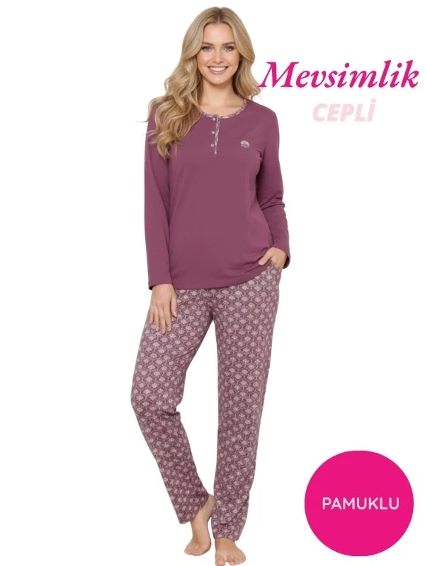 Kadın Etnik Desen 3 Düğme Pamuk Likra Mevsimlik Uzun Kol Pijama Takımı