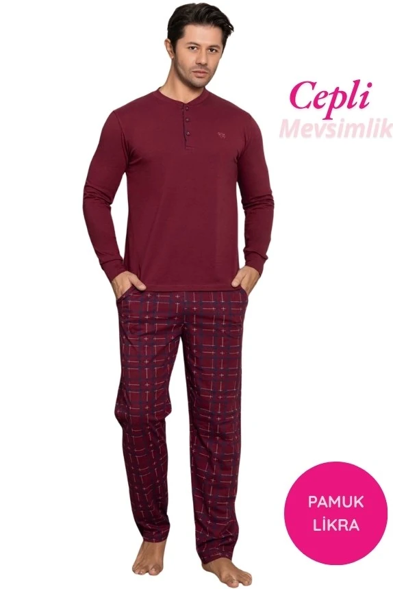 Erkek 3 Düğmeli Ekose Desen Pamuk Likra Mevsimlik Uzun Kol Manşetli Cepli Pijama Takımı