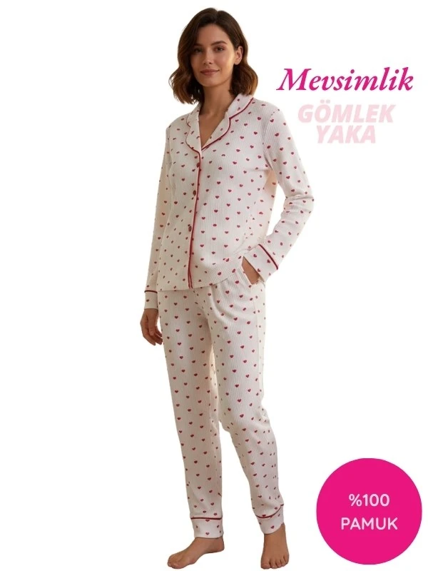 Kadın Beyaz Kırmızı Kalp Desen %100 Pamuk Fitilli Kumaş Mevsimlik Uzun Kol Cepli Pijama Takımı