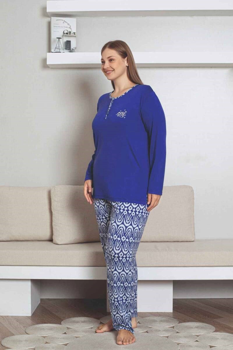 Kadın Etnik Desen 3 Düğmeli Likralı Viskon Mevsimlik Uzun Kol Pijama Takımı