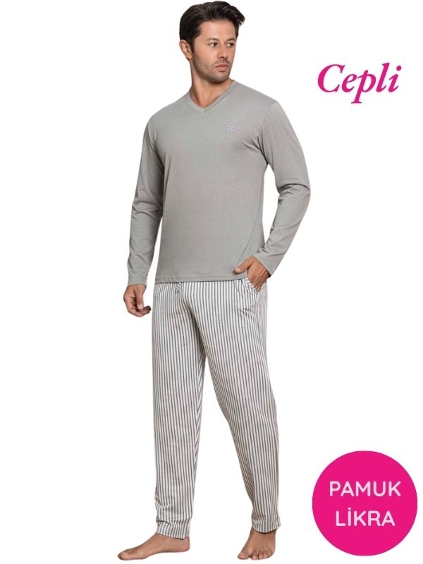 Erkek Düğmesiz Çizgili Jakar Kumaş Mevsimlik Kol Manşetli Uzun Kol Cepli Pijama Takımı