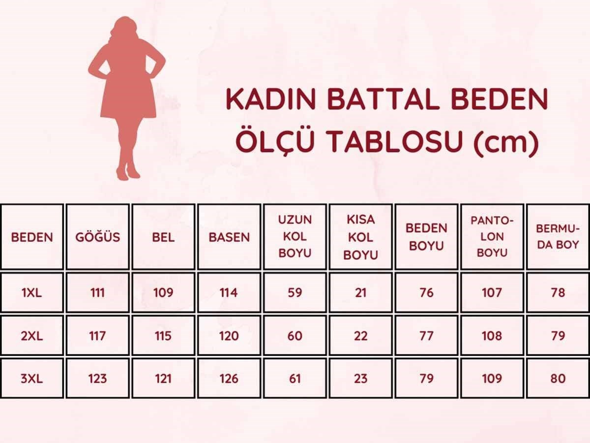 Kadın Desenli Bisiklet Yaka 3 Düğmeli Yırtmaç Detaylı Büyük Beden Viskon Kısa Kol Pijama Takımı 