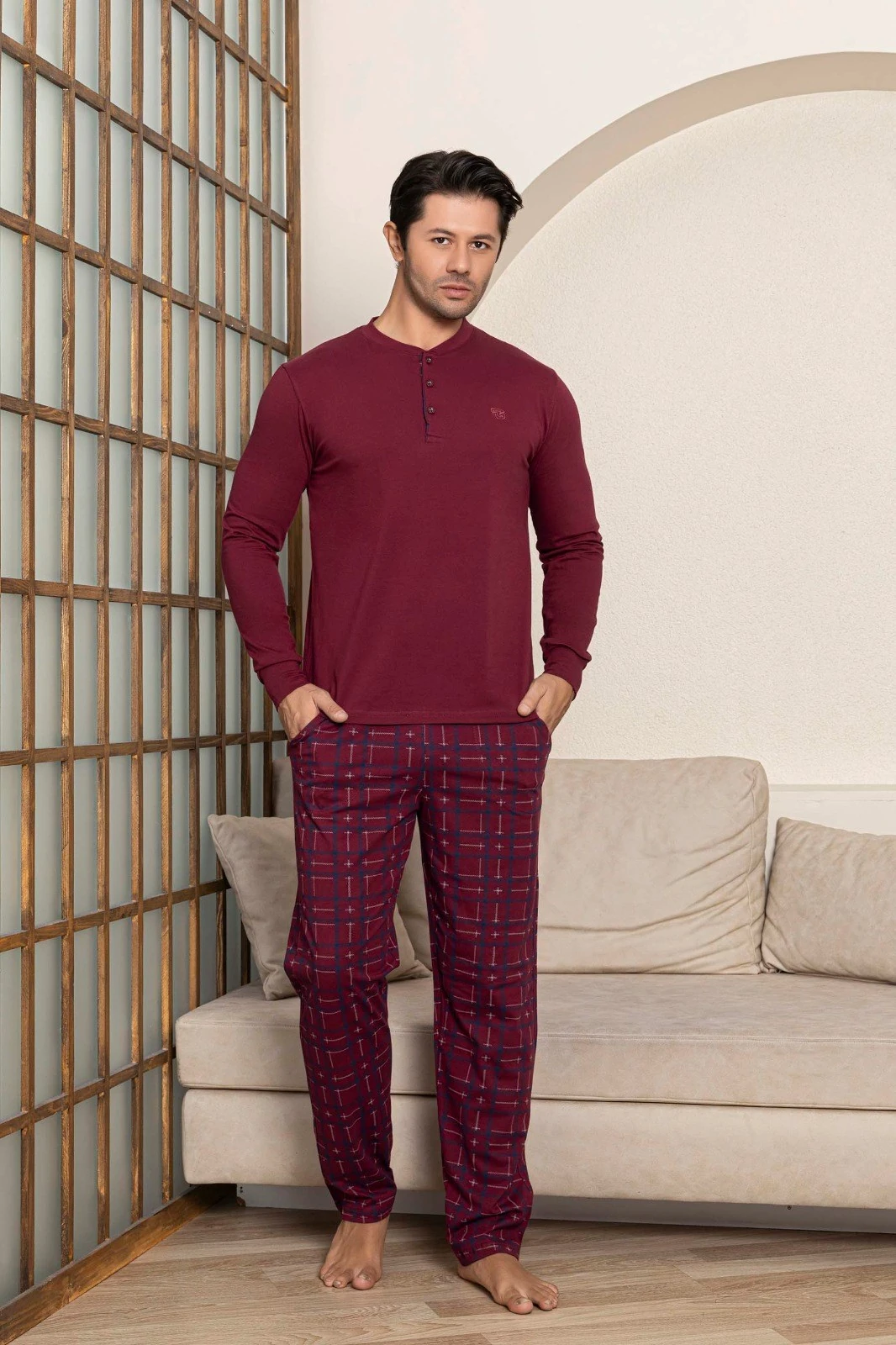Erkek 3 Düğmeli Ekose Desen Pamuk Likra Mevsimlik Uzun Kol Manşetli Cepli Pijama Takımı