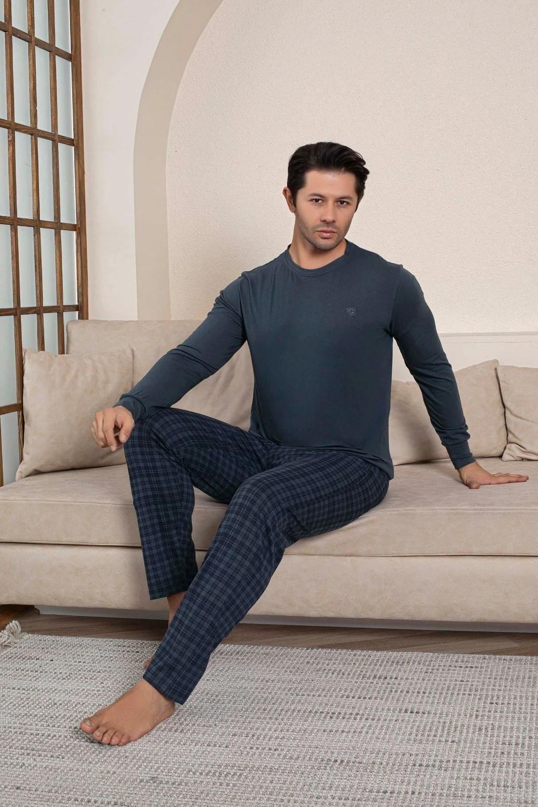 Erkek Bisiklet Yaka Düğmesiz Ekose Desen Modal Mevsimlik Uzun Kol Manşetli Cepli Pijama Takımı