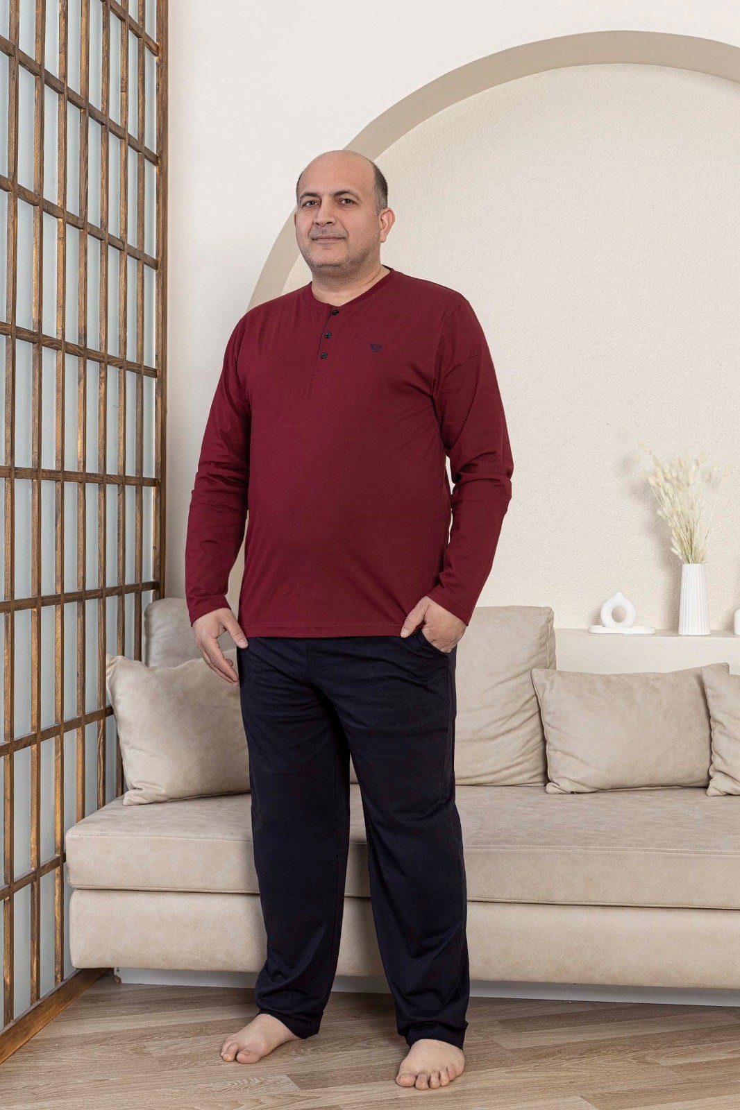 Erkek Büyük Beden 3 Düğmeli %100 Pamuk Mevsimlik Uzun Kol Cepli Pijama Takımı