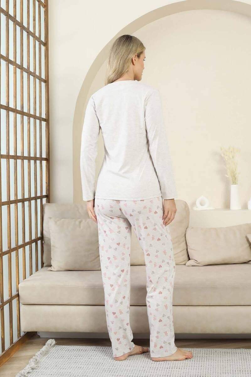 Kadın Gri Kalp Desenli Düğmeli Likralı Viskon Uzun Kol Cepli Pijama Takımı