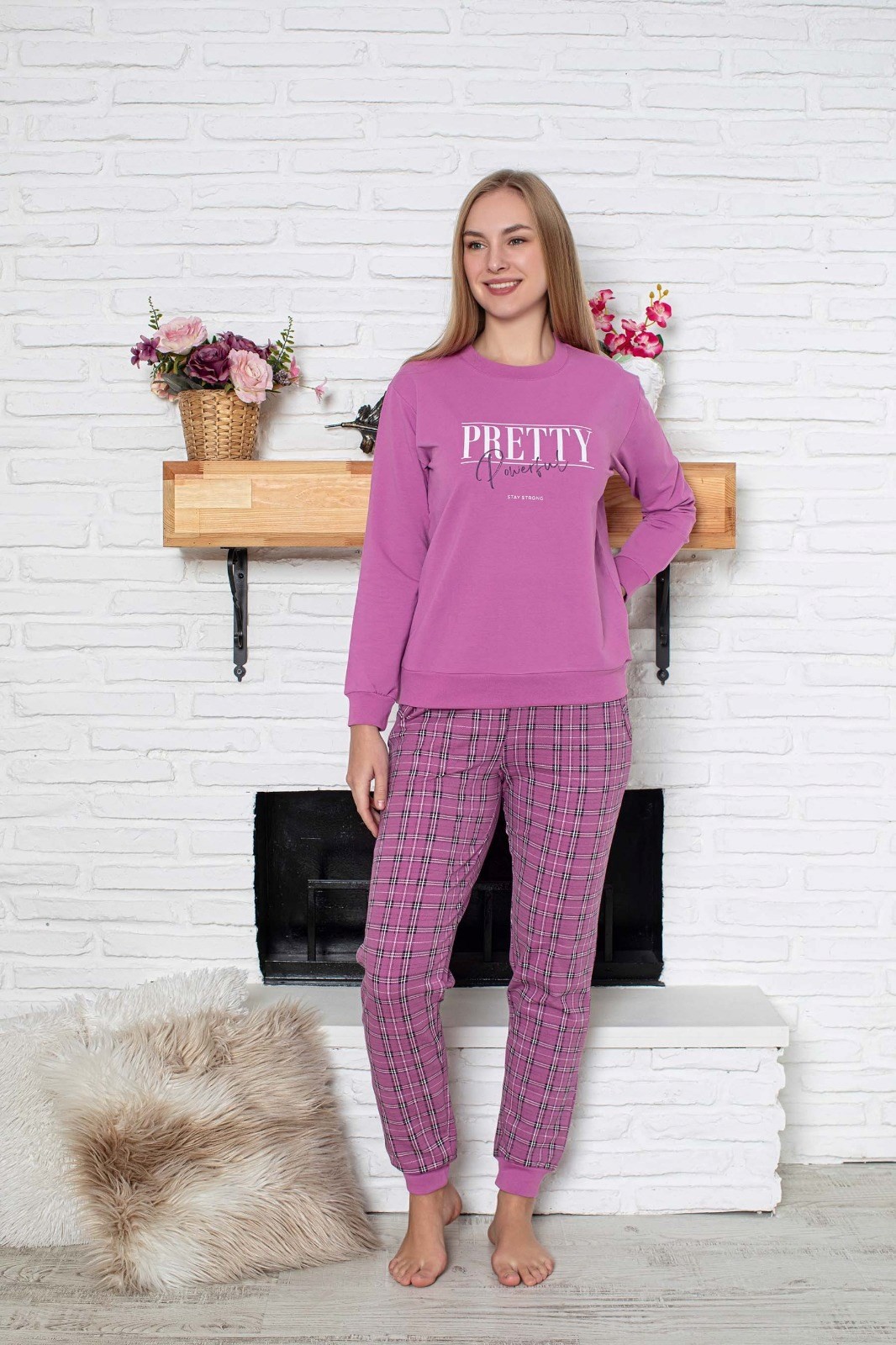 Kadın Bisiklet Yaka Bilek Lastikli 2 İplik Cepli Kışlık Jogger Eşofman Pijama Takımı Homewear