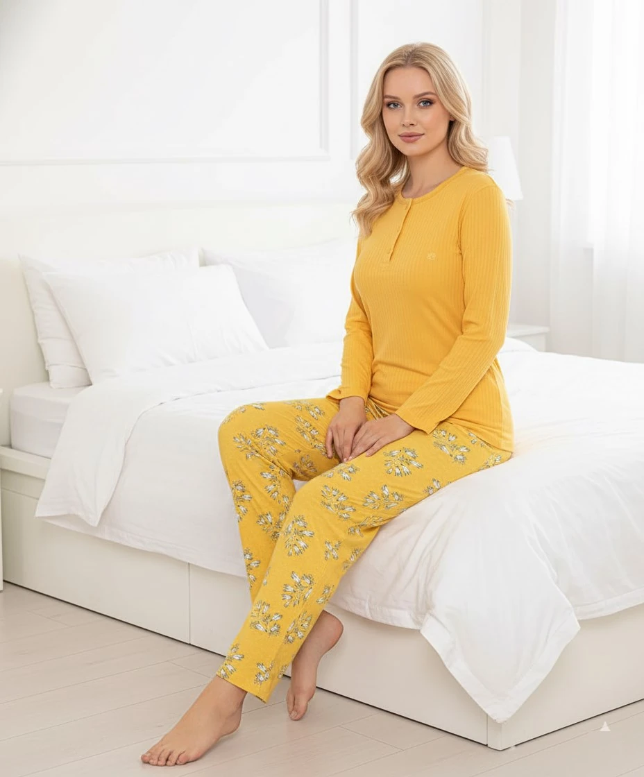 Kadın Sarı Çiçek Desen Mevsimlik Pamuklu Penye Uzun Kol Cepli Pijama Takımı-Slim Fit Dar Kalıp