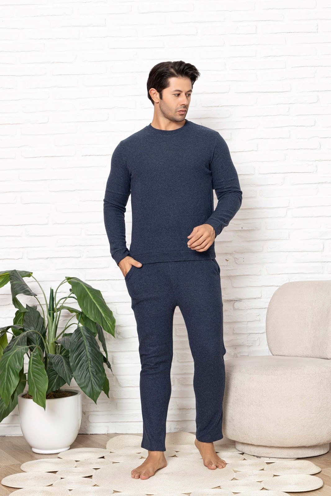 Erkek Bisiklet Yaka Düğmesiz Kışlık Waffle Pamuklu Kumaş Uzun Manşetli Kol Cepli Pijama Takımı 