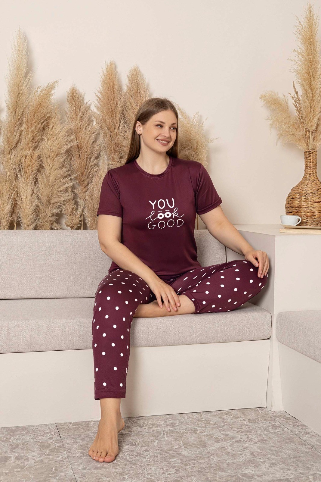 Kadın Bisiklet Yaka Düğmesiz Battal Kesim Yazlık Kısa Kol Büyük Beden Pijama Takımı