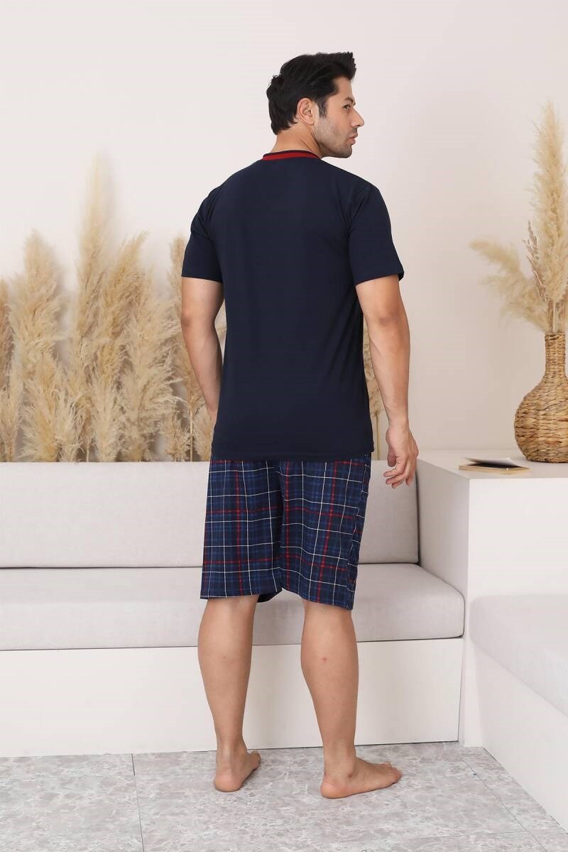 Erkek V Yaka Düğmesiz Ekose Desen Kısa Kol Cepli Şortlu %100 Pamuk Pijama Takımı