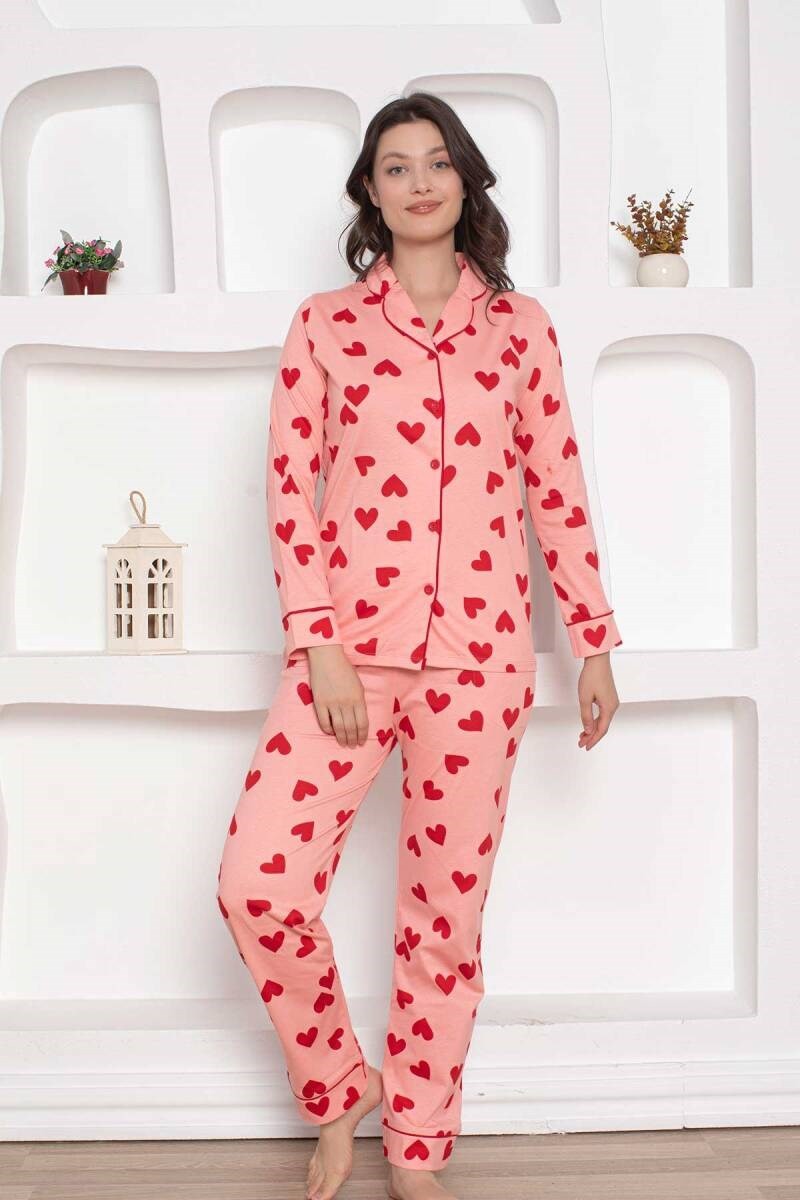 Kadın Kalp Desen Gömlek Yaka %100 Pamuk Mevsimlik Uzun Kol Cepli Pijama Takımı