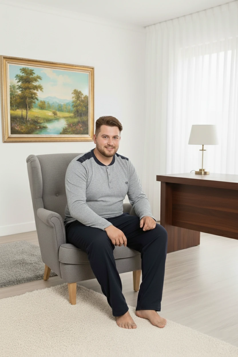 Erkek Büyük Beden 3 Düğme %100 Pamuk Cepli Mevsimlik Pijama Takımı