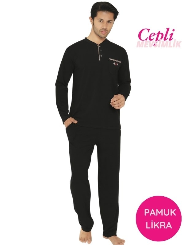 Erkek Siyah Bisiklet Yaka 3 Düğmeli Göğüs Cepli Pamuk Likra Mevsimlik Uzun Kol Cepli Pijama Takımı