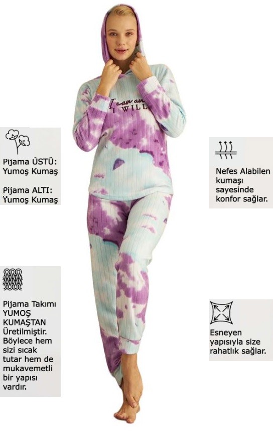 Kadın Batik Desen Kapüşonlu Fitilli Polar Bilek Manşetli Kışlık Jogger Pijama Takımı