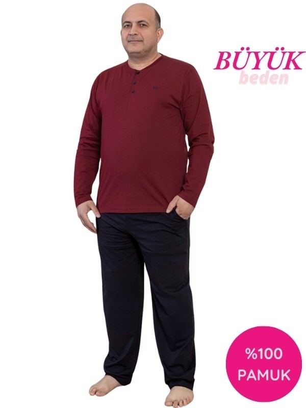 Erkek Büyük Beden 3 Düğmeli %100 Pamuk Mevsimlik Uzun Kol Cepli Pijama Takımı