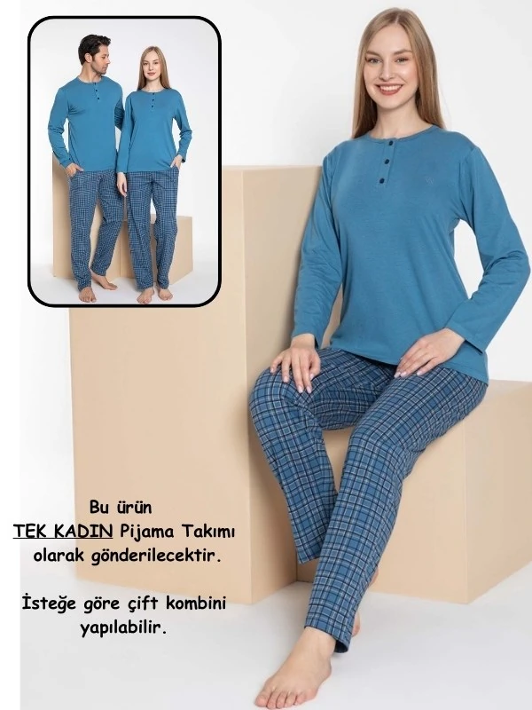 Çift Sevgili Eş Kombin Mavi Ekose Desen Modal Uzun Kol Pijama Takımı-1 adet ürün FİYATIDIR