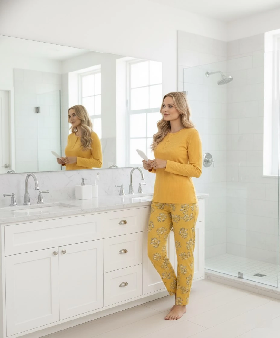 Kadın Sarı Çiçek Desen Mevsimlik Pamuklu Penye Uzun Kol Cepli Pijama Takımı-Slim Fit Dar Kalıp